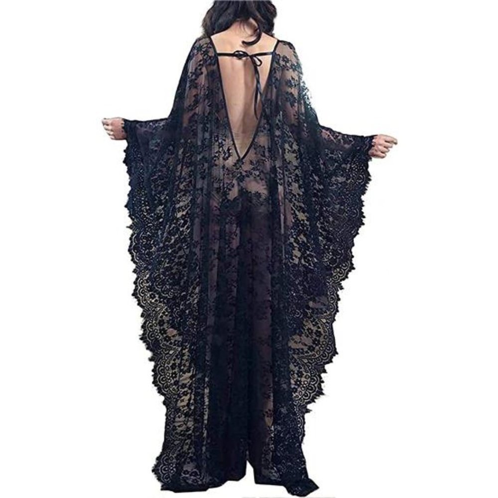 Boho‎ Black Lace Bikini Beach Cover Up Kimono Plus Size Bathing Swim Suit Caftan - Picture 5 of 6